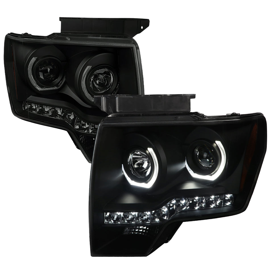 2009-2014 Ford F-150 Dual U-Ring Halo Projector Headlights w/ LED Light Strip (Black housing/Smoked Lens)