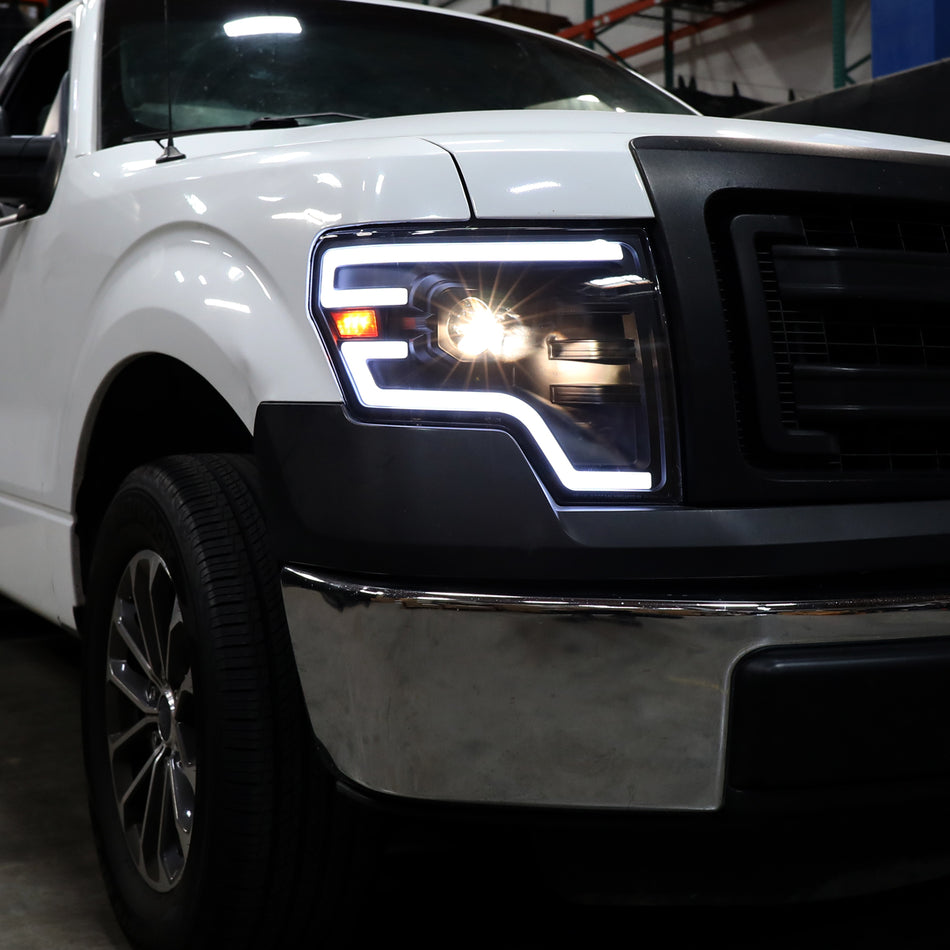 2009-2014 Ford F-150 Switchback Sequential LED Turn Signal Projector Headlights (Matte Black Housing/Smoked Lens)