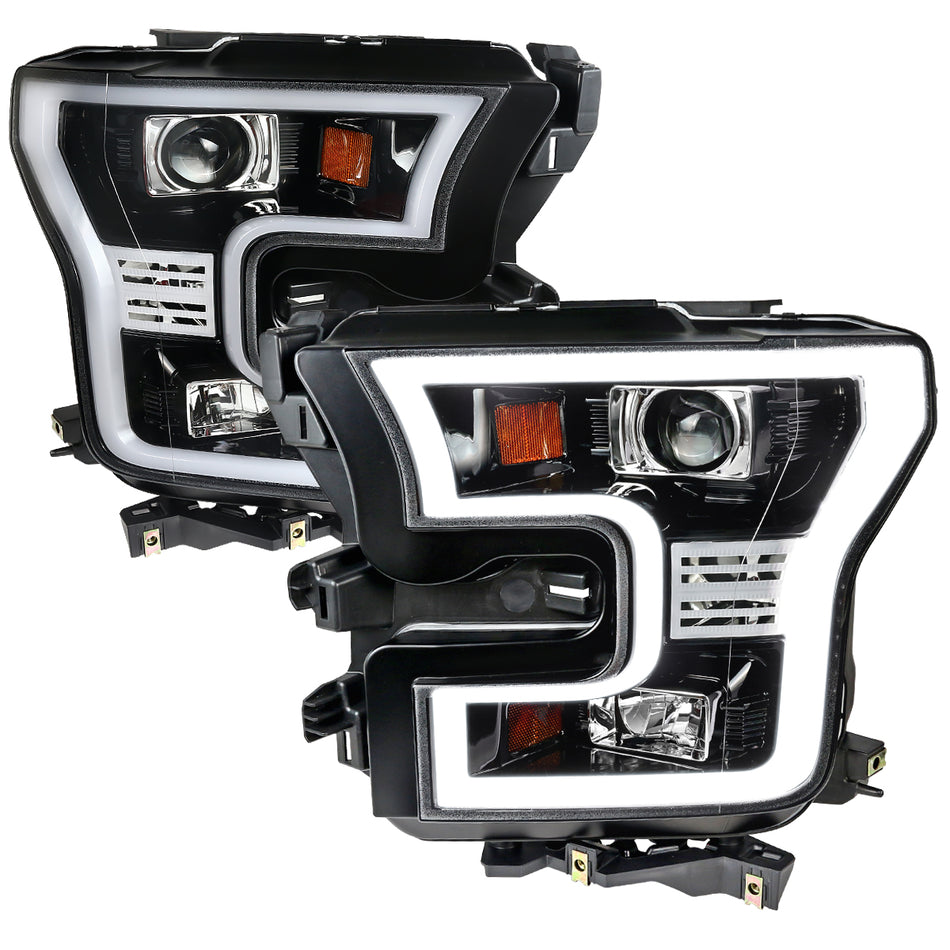 2015-2017 Ford F-150 LED Bar Projector Headlights (Jet Black Housing/Clear Lens)