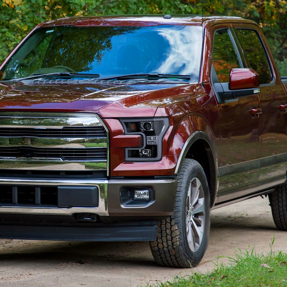 2015-2017 Ford F-150 LED Bar Outline Projector Headlights (Glossy Black Housing/Smoked Lens)