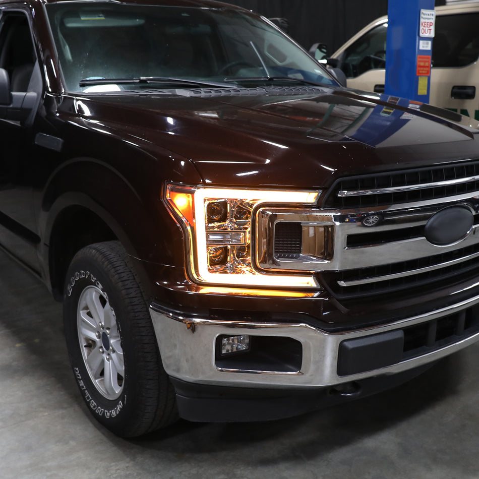2018-2020 Ford F-150 LED C-Bar Projector Headlights w/ Switchback Sequential Turn Signal Lights (Chrome Housing / Smoked Lens)