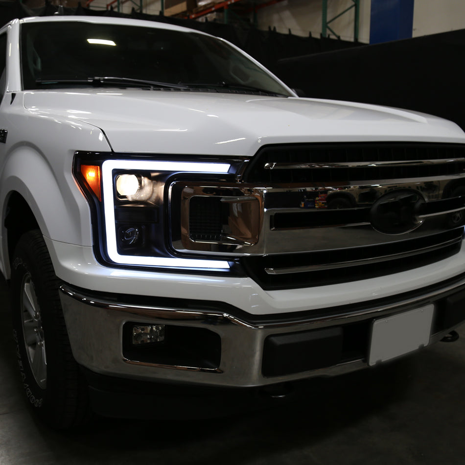 2018-2020 Ford F-150 LED C-Bar Projector Headlights w/ Switchback Sequential Turn Signal Lights (Matte Black Housing / Clear Lens)