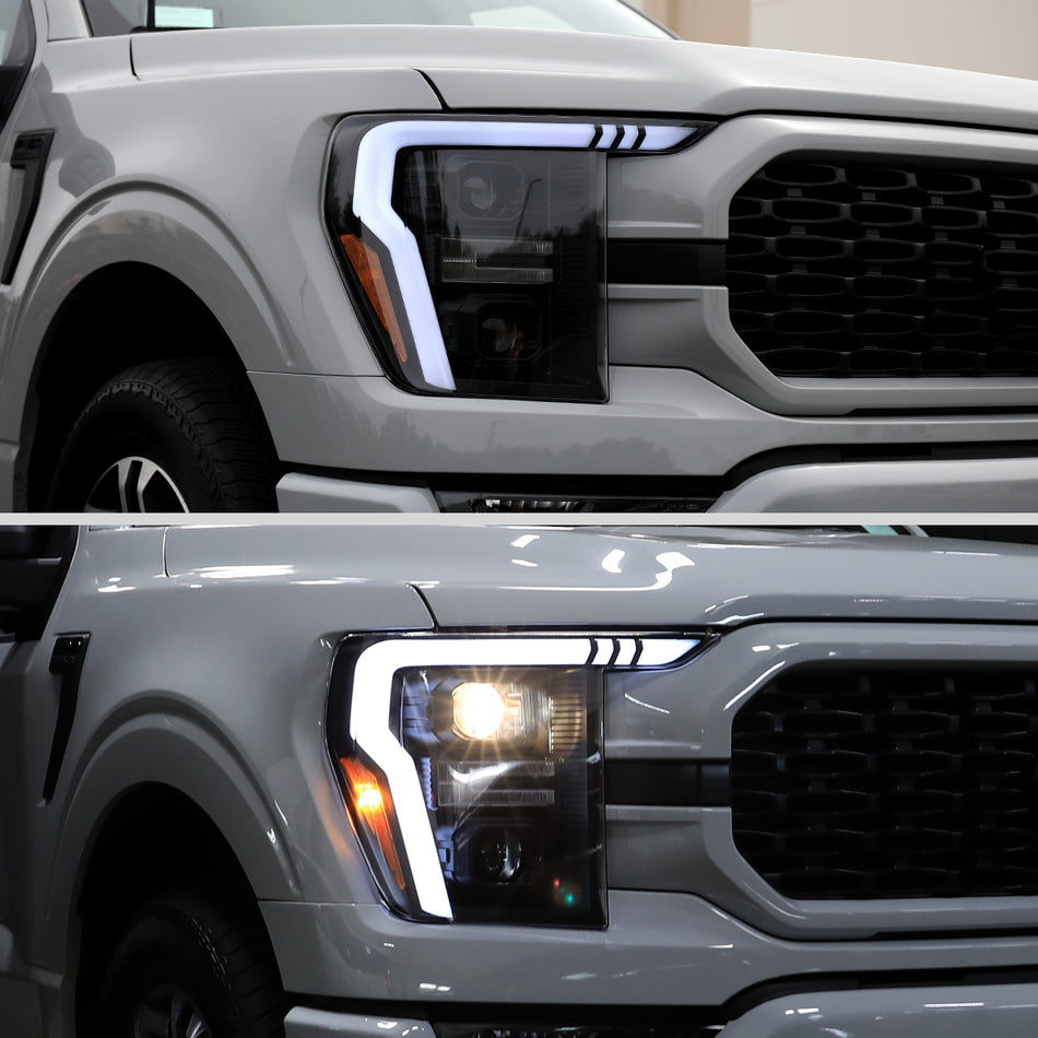 2021-2023 Ford F-150 Projector Headlight w/ Switchback Sequential Turn Signal LED Bar (Black Housing / Clear Lens)