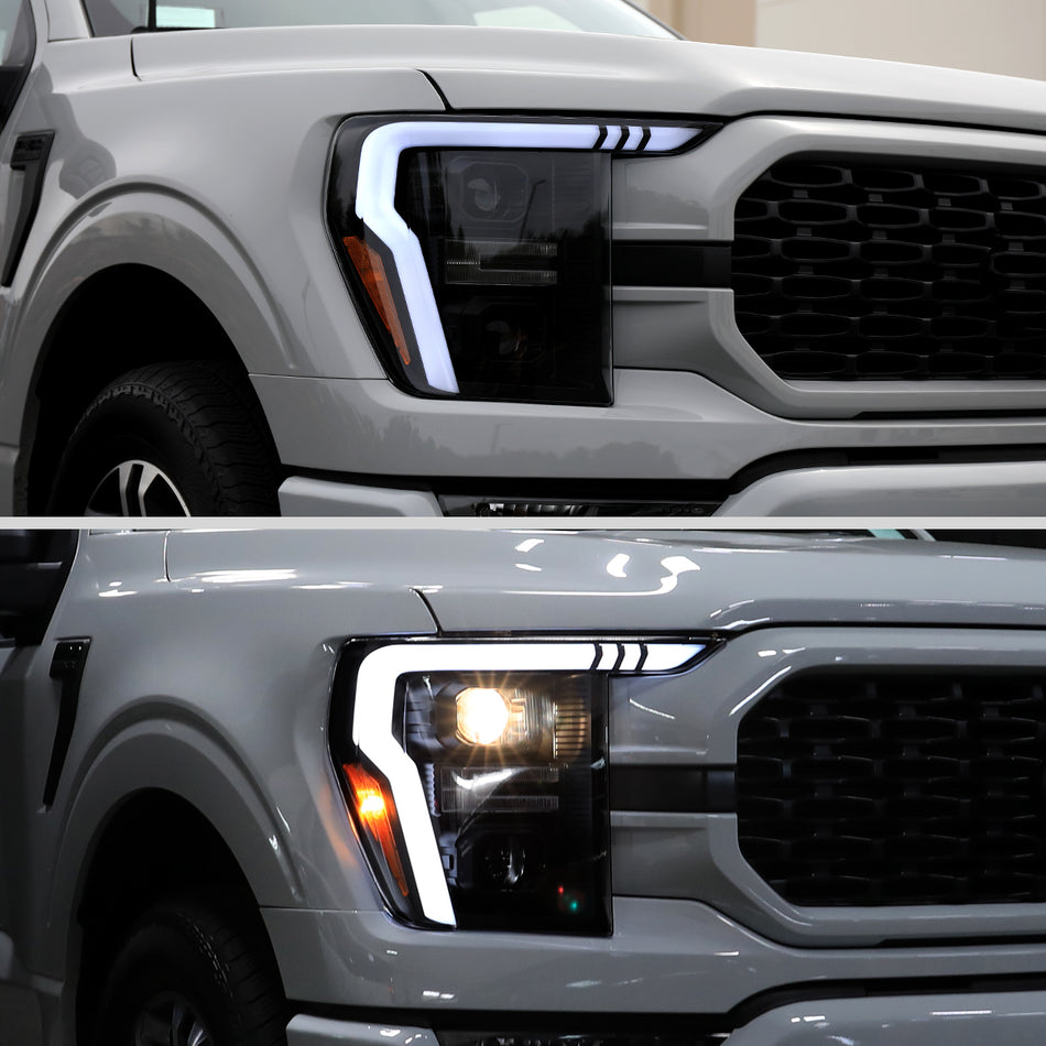 2021-2023 Ford F-150 Projector Headlight w/ Switchback Sequential Turn Signal LED Bar (Black Housing / Smoked Lens)