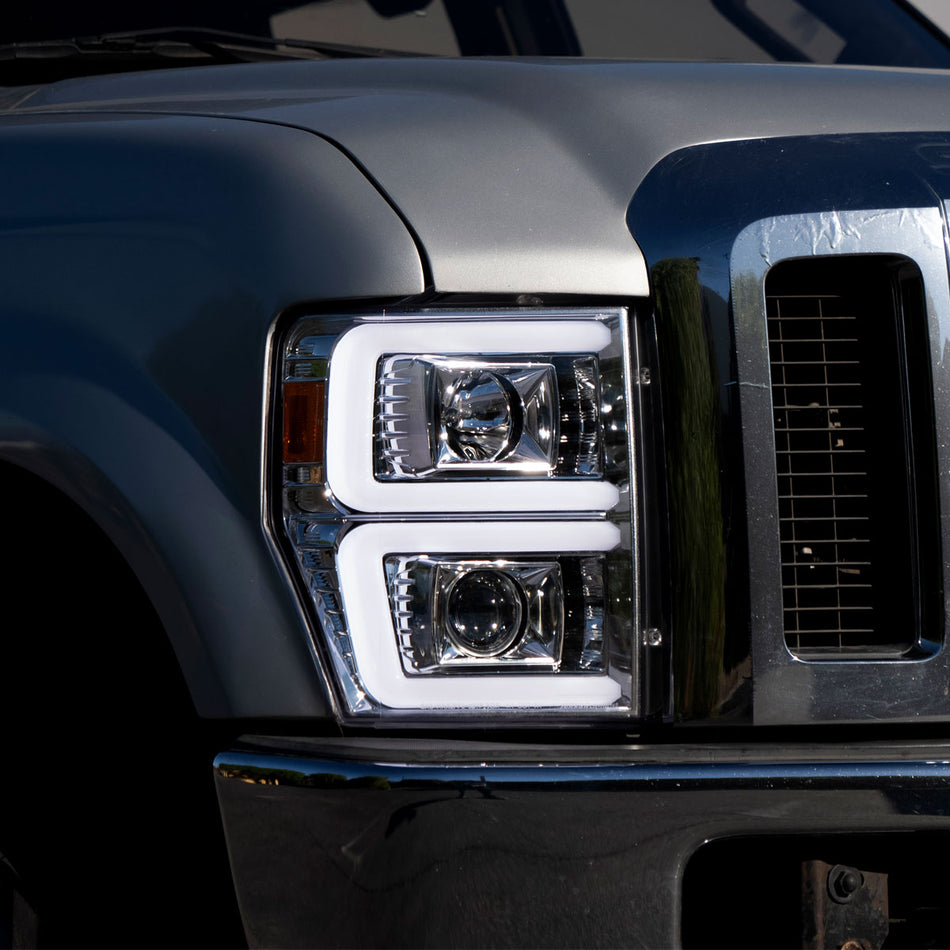 2008-2010 Ford F-250/F-350/F-450/F-550 LED Sequential Turn Signal Bar Projector Headlights (Chrome Housing/Clear Lens)