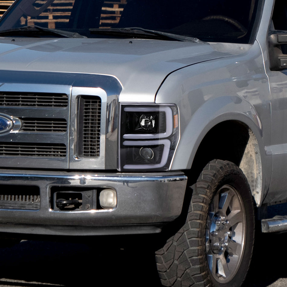 2008-2010 Ford F-250/F-350/F-450/F-550 LED Sequential Turn Signal Bar Projector Headlights (Jet Black Housing/Clear Lens)