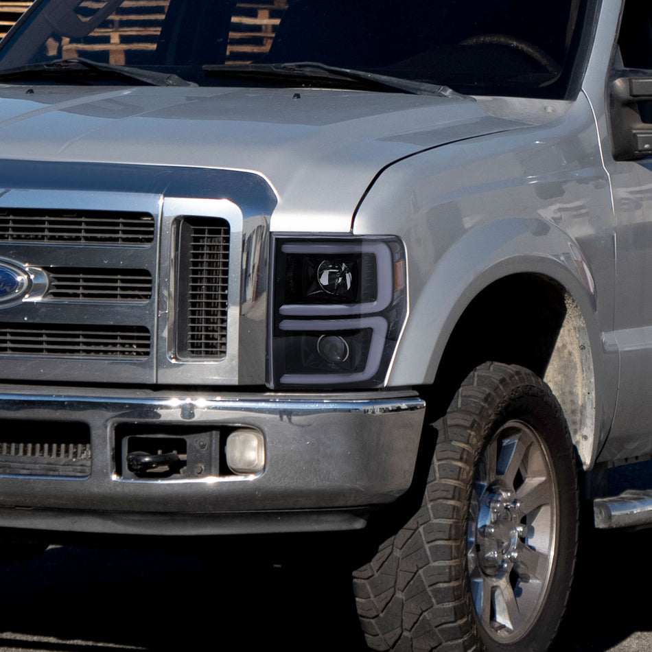 2008-2010 Ford F-250/F-350/F-450/F-550 LED Sequential Turn Signal Bar Projector Headlights (Glossy Black Housing/Smoked Lens)