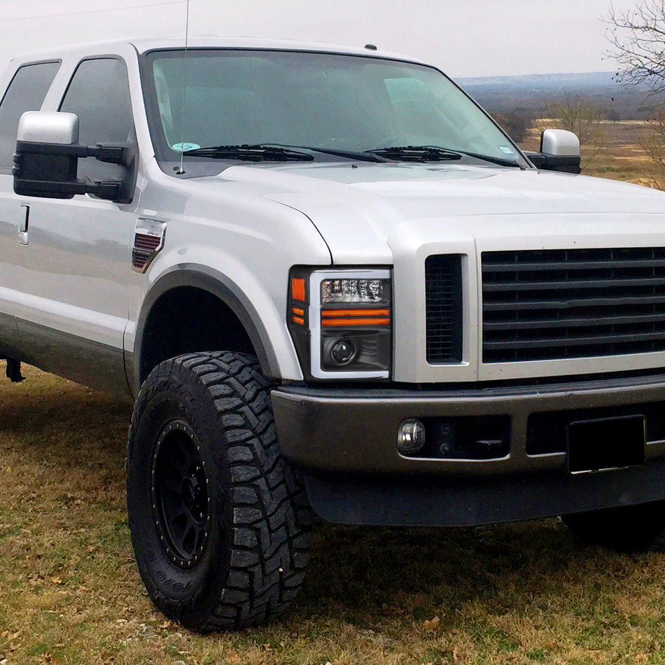 2008-2010 Ford F-250/F-350/F-450/F-550 Super Duty Projector Headlights w/ LED Sequential Turn Signal (Matte Black Housing/Clear Lens)