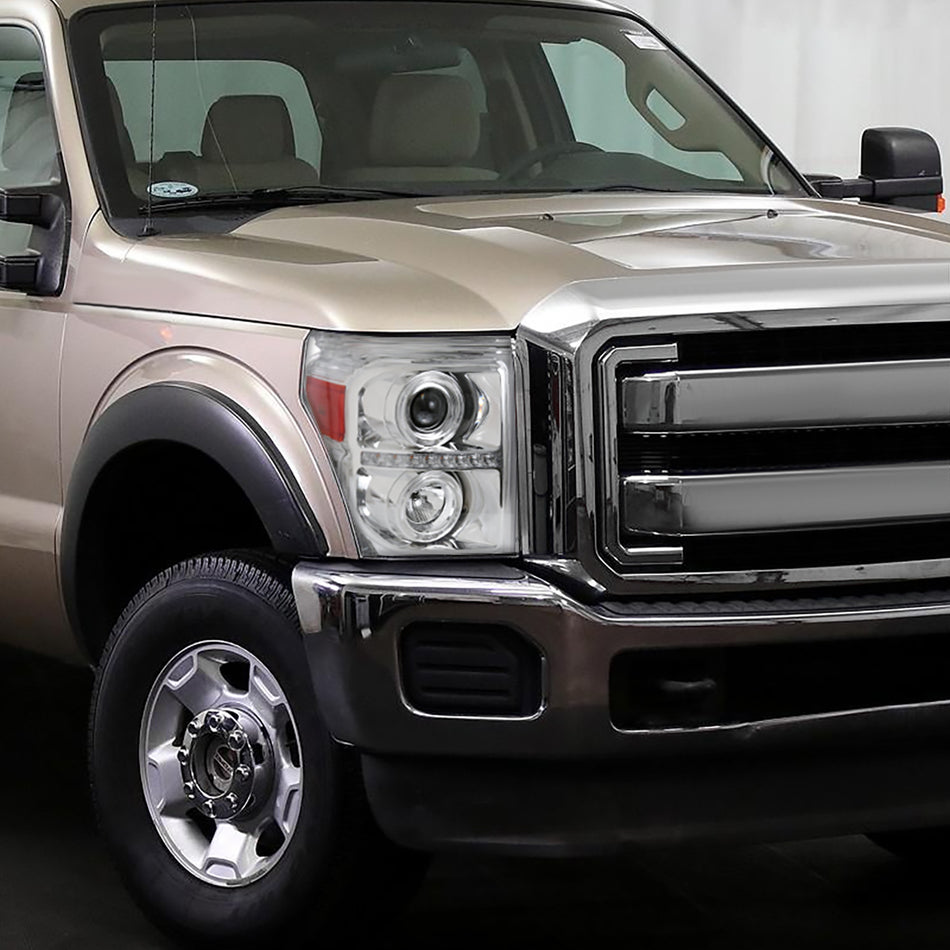 2011-2016 F-250 F-350 F-450 F-550 Dual Halo Projector Headlights w/ LED Turn Signal Lights (Chrome Housing/Clear Lens)
