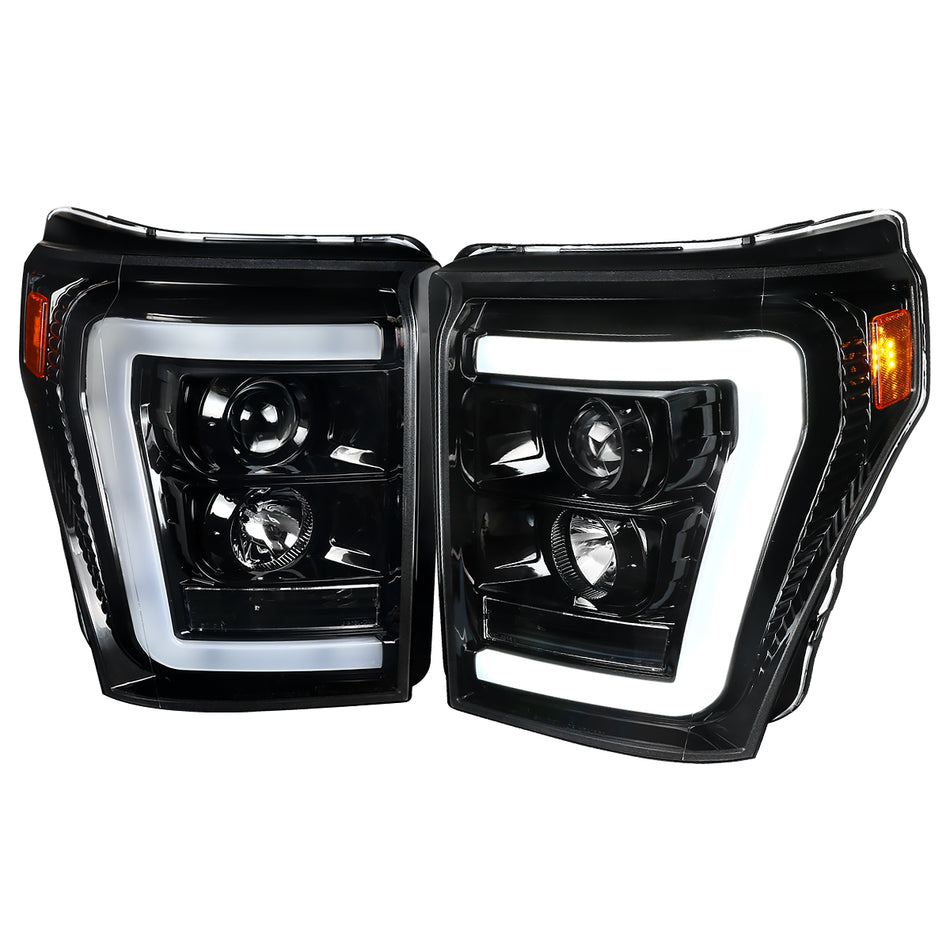 2011-2016 F-250/F-350/F-450/F-550 LED C-Bar Projector Headlights (Jet Black Housing/Clear Lens)