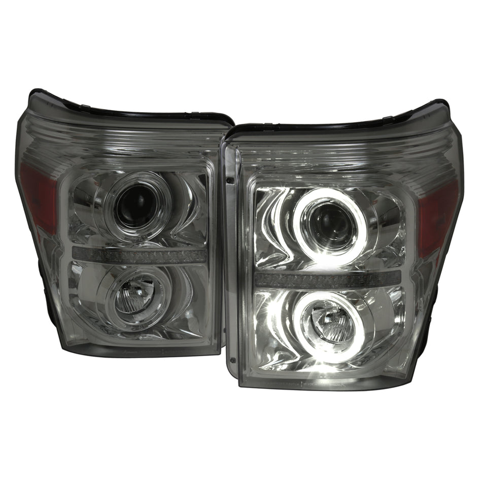 2011-2016 F-250 F-350 F-450 F-550 Dual Halo Projector Headlights w/ LED Turn Signal Lights (Chrome Housing/Smoked Lens)