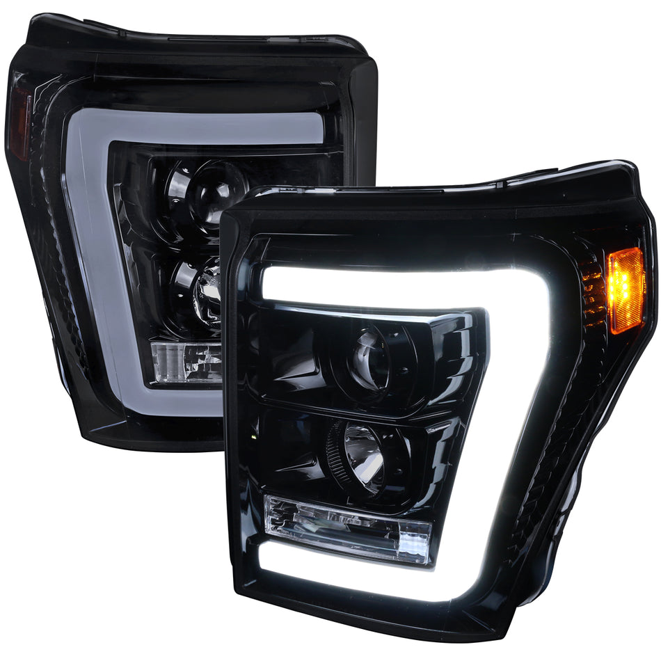 2011-2016 F-250/F-350/F-450/F-550 LED C-Bar Projector Headlights (Glossy Black Housing/Smoked Lens)