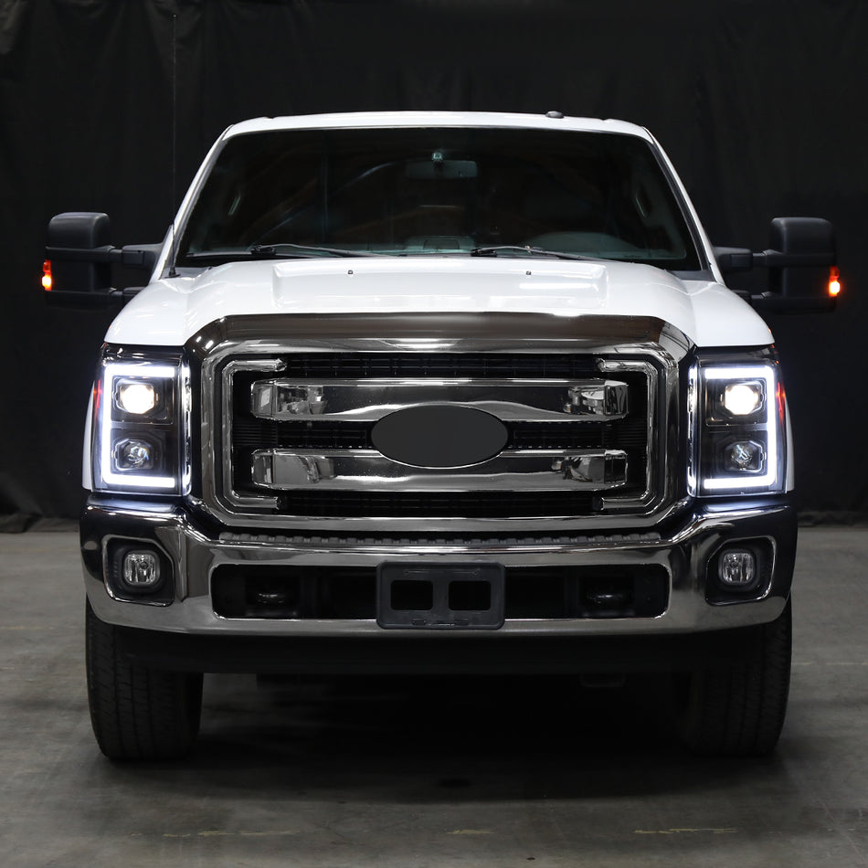 2011-2016 Ford F-250 F-350 F-450 F-550 Switchback Sequential LED C-Bar Projector Headlights (Matte Black Housing/Clear Lens)