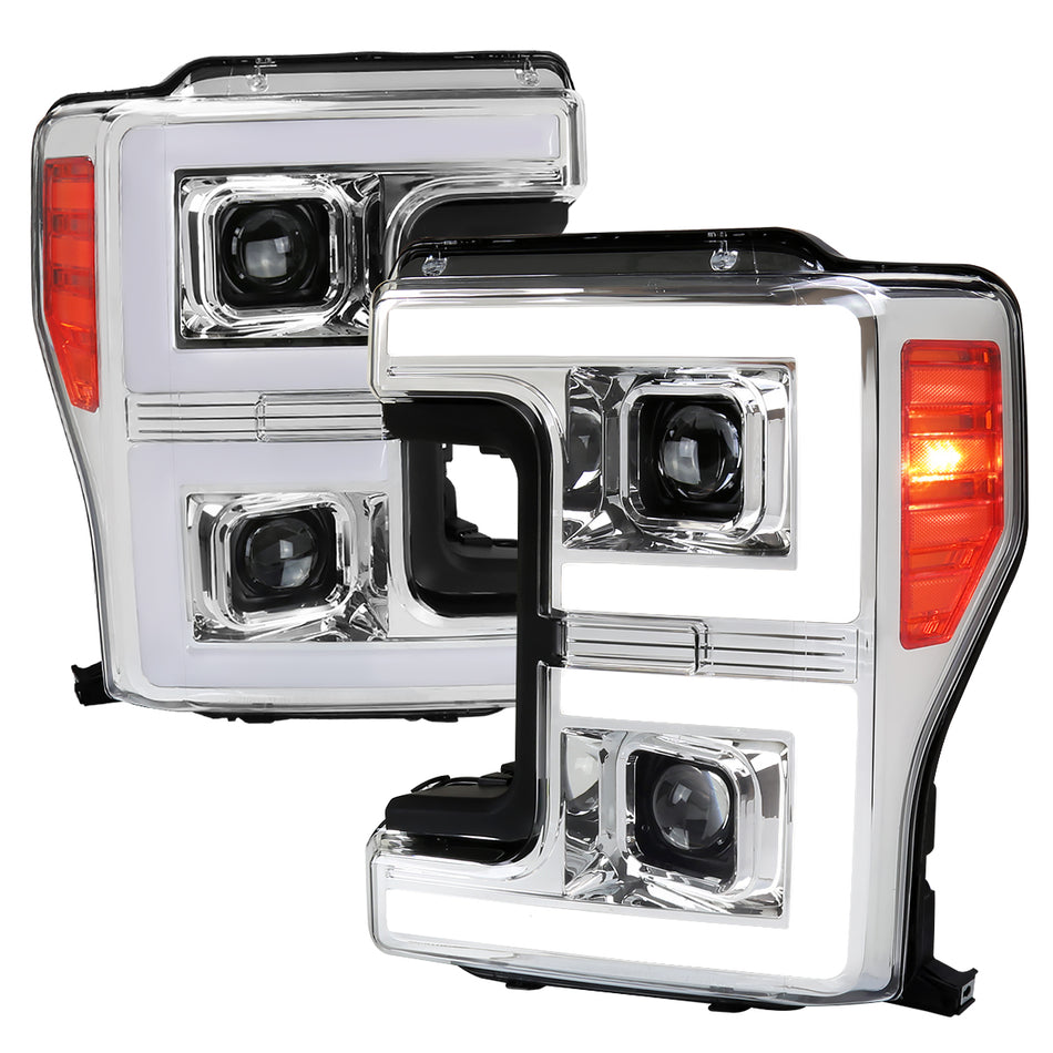2017-2019 Ford F-250 F-350 F-450 F-550 LED C-Bar Projector Headlights w/ Switchback Sequential Turn Signals (Chrome Housing/Clear Lens)