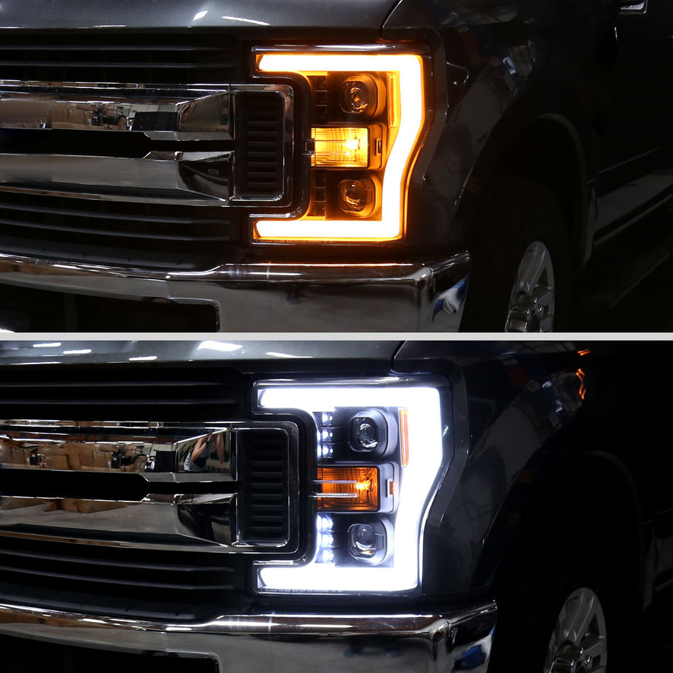 2017-2019 Ford F-250 F-350 F-450 F-550 Switchback LED C-Bar Projector Headlights (Matte Black Housing/Clear Lens)