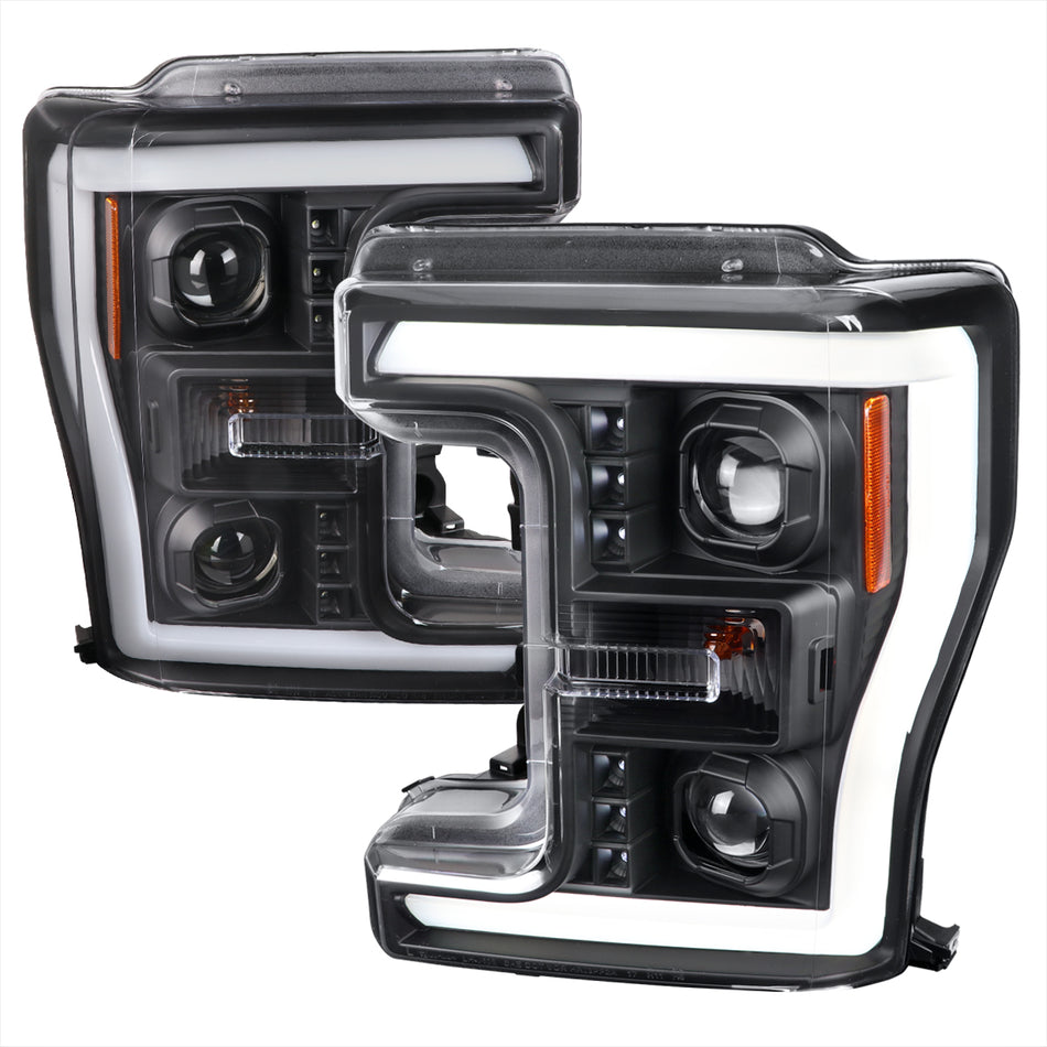 2017-2019 Ford F-250 F-350 F-450 F-550 Switchback LED C-Bar Projector Headlights (Matte Black Housing/Clear Lens)