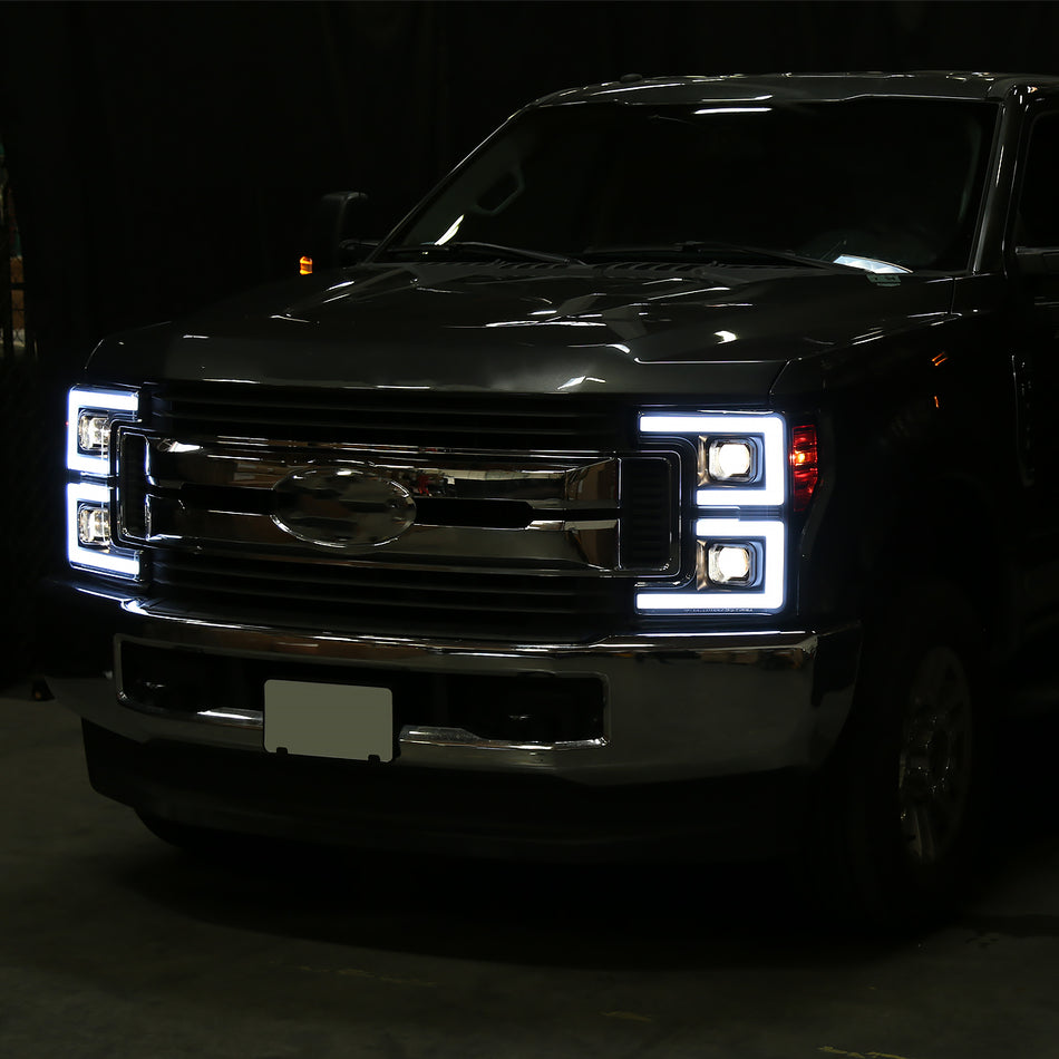 2017-2019 Ford F-250 F-350 F-450 F-550 LED C-Bar Projector Headlights w/ Switchback Sequential Turn Signals (Glossy Black Housing/Smoked Lens)