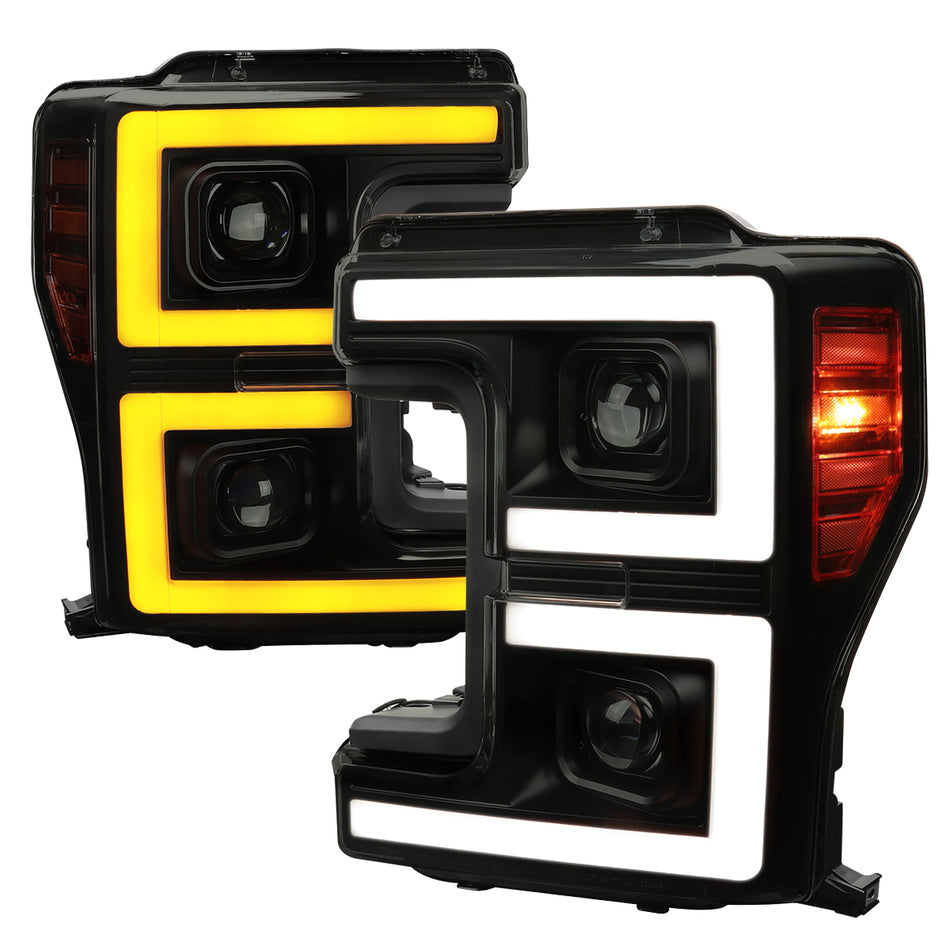 2017-2019 Ford F-250 F-350 F-450 F-550 LED C-Bar Projector Headlights w/ Switchback Sequential Turn Signals (Glossy Black Housing/Smoked Lens)