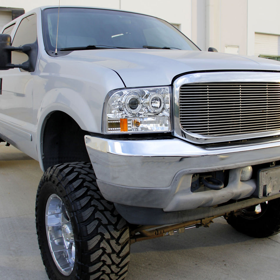 1999-2004 Ford Excursion F-250 F-350 F-450 F-550 Dual Halo Projector Headlights (Chrome Housing/Clear Lens)