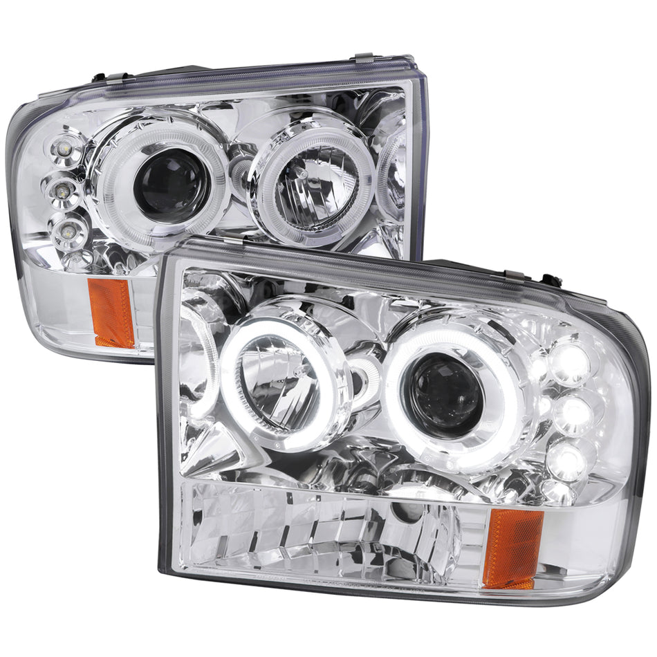 1999-2004 Ford Excursion F-250 F-350 F-450 F-550 Dual Halo Projector Headlights (Chrome Housing/Clear Lens)