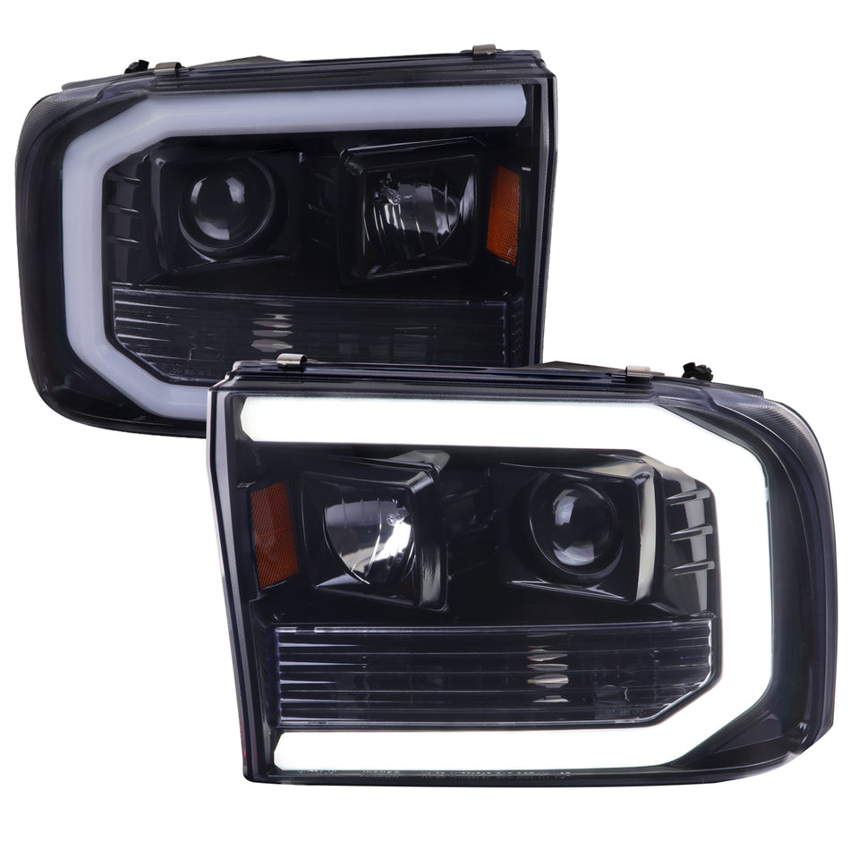 1999-2004 Ford F-250/F-350/F-450/F-550 /2000-2004 Ford Excursion LED Bar Projector Headlights (Glossy Black Housing/Light Smoked Lens)