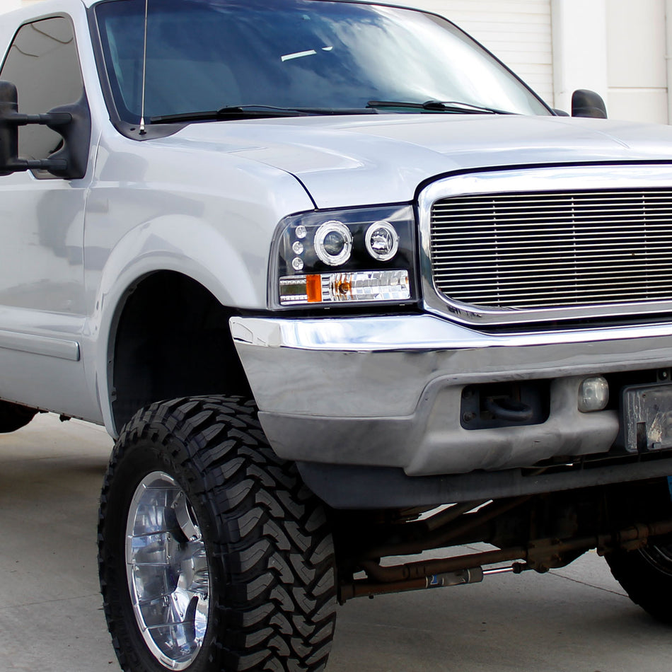 1999-2004 Ford Excursion F-250 F-350 F-450 F-550 Dual Halo Projector Headlights (Matte Black Housing/Clear Lens)
