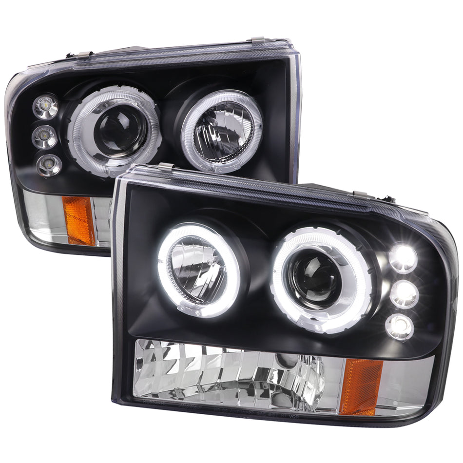 1999-2004 Ford Excursion F-250 F-350 F-450 F-550 Dual Halo Projector Headlights (Matte Black Housing/Clear Lens)