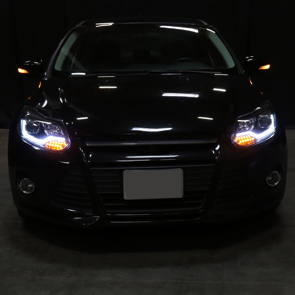2012-2014 Ford Focus LED Bar Projector Headlights w/ LED Turn Signal Lights (Matte Black Housing/Clear Lens)