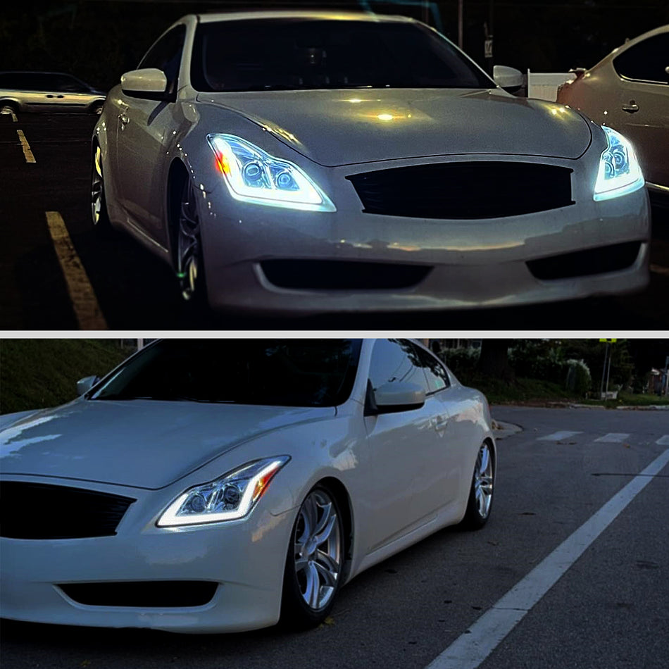 2008-2013 Infiniti G37/2014-2015 Q60 Coupe/Convertible Sequential Switchback LED Turn Signal Projector Headlights (Chrome Housing/Clear Lens)