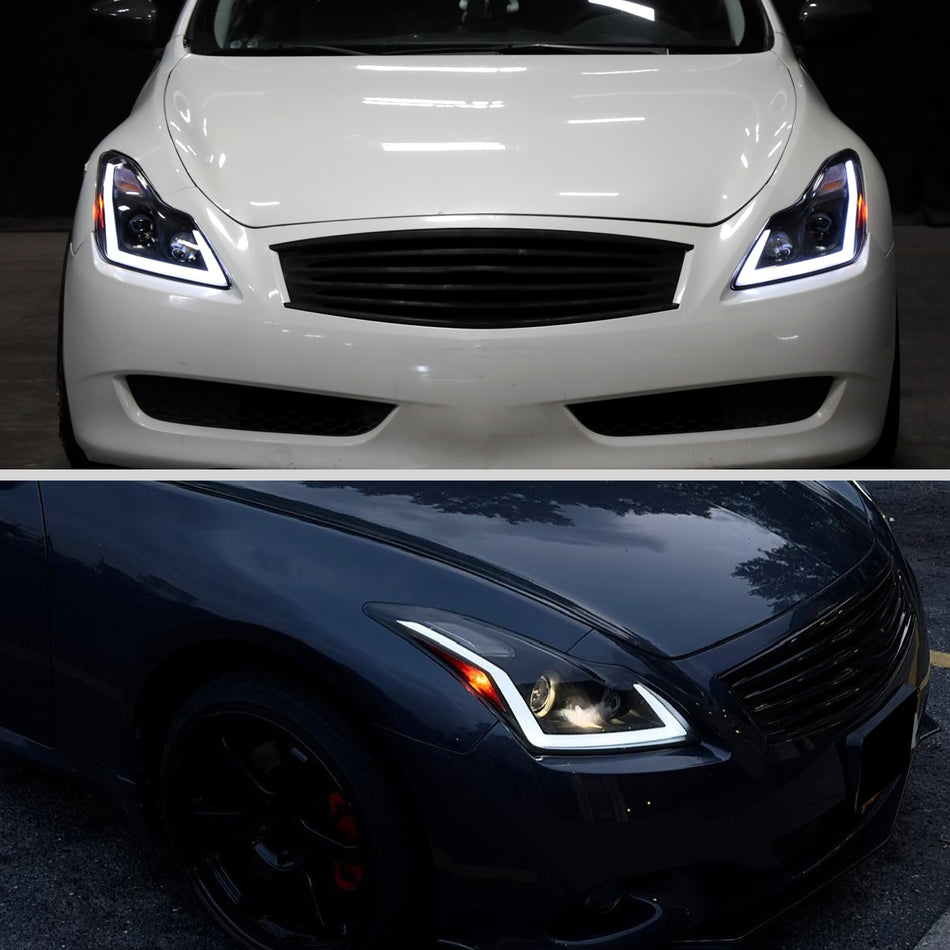 2008-2013 Infiniti G37/2014-2015 Q60 Coupe/Convertible Sequential Switchback LED Turn Signal Projector Headlights (Matte Black Housing/Clear Lens)