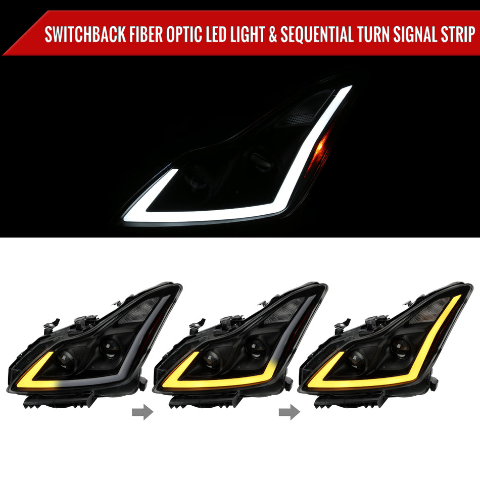 2008-2013 Infiniti G37/2014-2015 Q60 Coupe/Convertible Sequential Switchback LED Turn Signal Projector Headlights (Matte Black Housing/Smoked Lens)