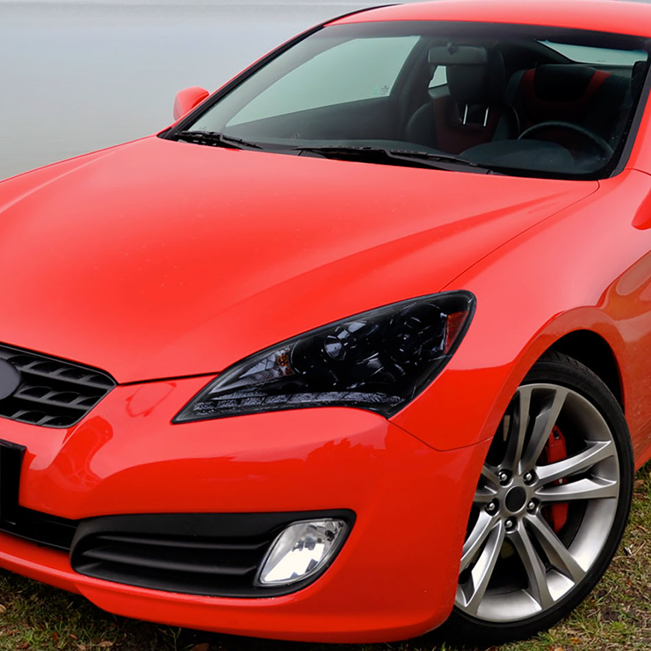 2010-2012 Hyundai Genesis Coupe R8 Style LED Strip Projector Headlights (Glossy Black Housing/Smoked Lens)
