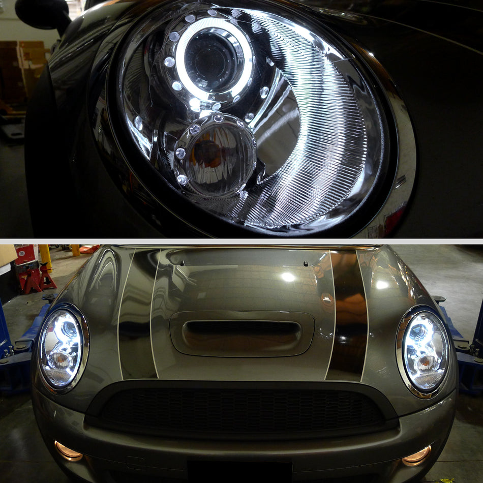 2007-2015 Mini Cooper R55 R56 R57 R58 R59 Single Halo Projector Headlights (Chrome Housing/Clear Lens)