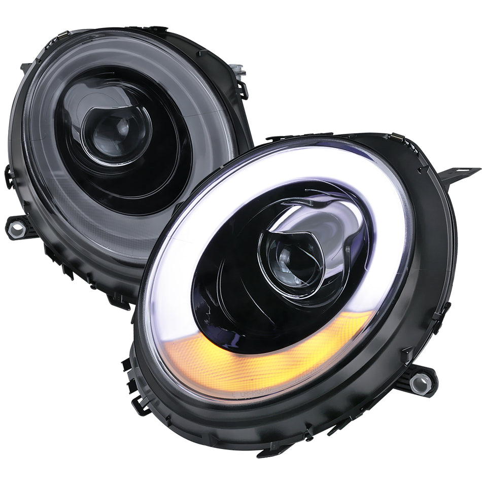 2007-2015 Mini Cooper R55 R56 R57 R58 R59 Projector Headlights w/ LED Turn Signal Lights (Glossy Black Housing/Smoked Lens)