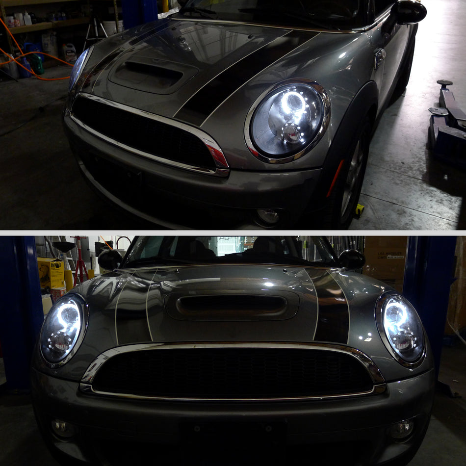 2007-2015 Mini Cooper R55 R56 R57 R58 R59 Single Halo Projector Headlights (Matte Black Housing/Clear Lens)