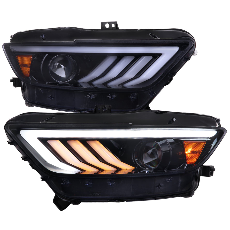 2015-2017 Ford Mustang HID-Type  LED Sequential Turn Signal Projector Headlights (Glossy Black Housing/Smoked Lens)