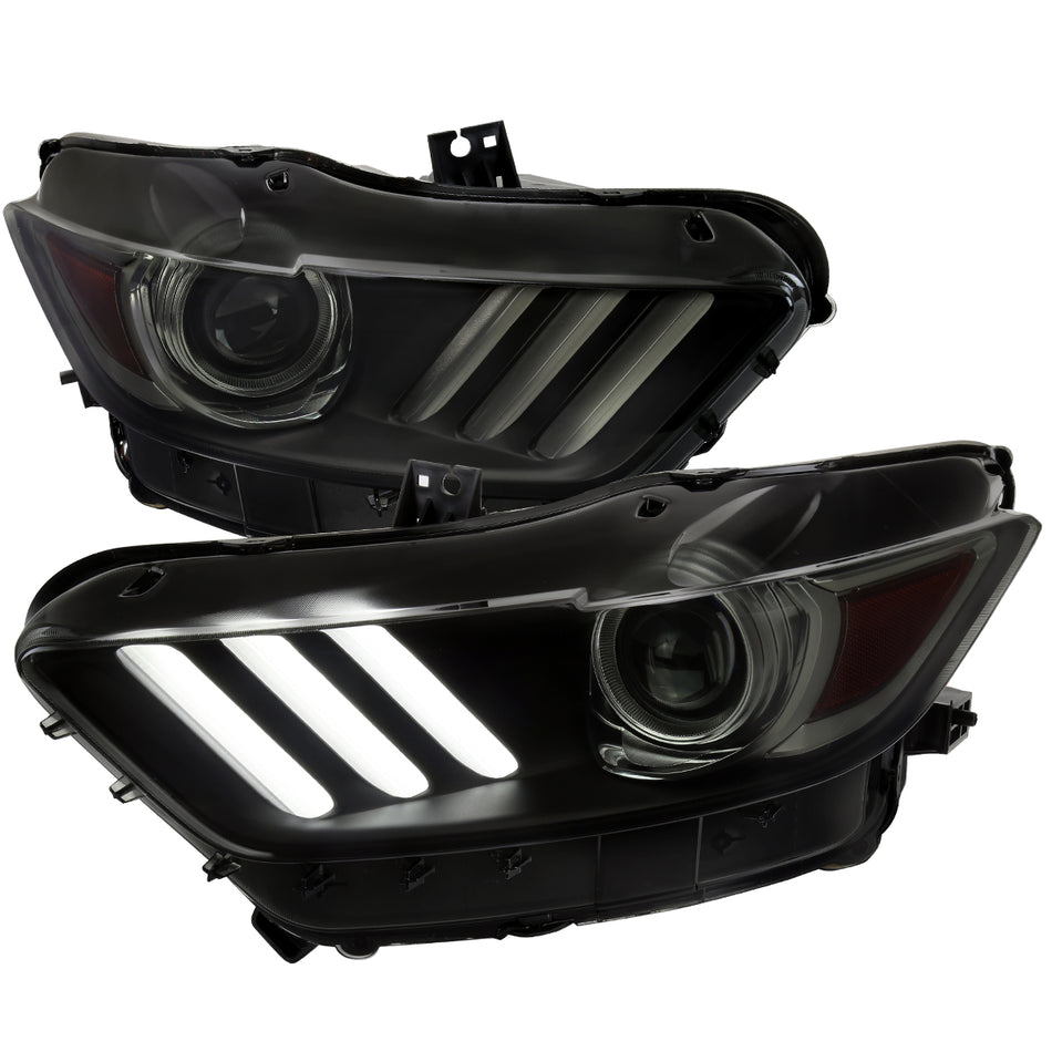 2015-2017 Ford Mustang / 2018-2020 Mustang Shelby LED Strip Xenon HID Projector Headlights (Black Housing/Smoked Lens)