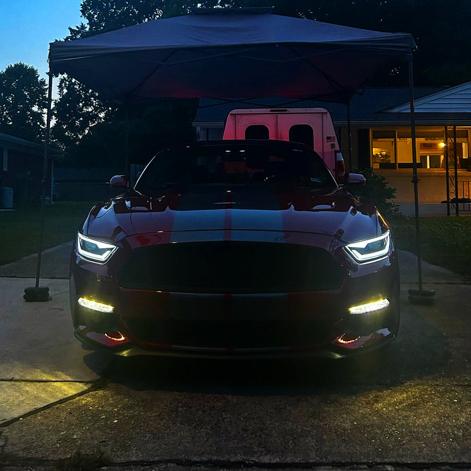 2015-2017 Ford Mustang/2018-2020 Mustang Shelby HID/Xenon Switchback Sequential LED Turn Signal Projector Headlights (Matte Black Housing/Smoked Lens)