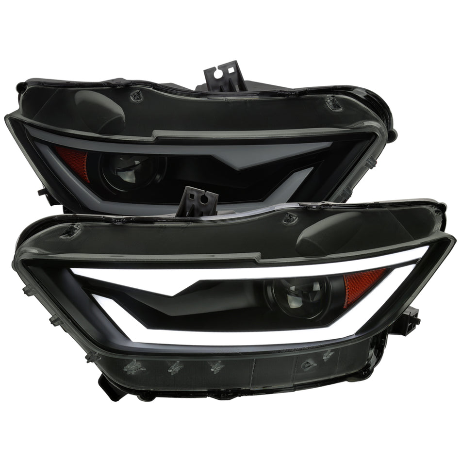 2015-2017 Ford Mustang/2018-2020 Mustang Shelby HID/Xenon Switchback Sequential LED Turn Signal Projector Headlights (Matte Black Housing/Smoked Lens)