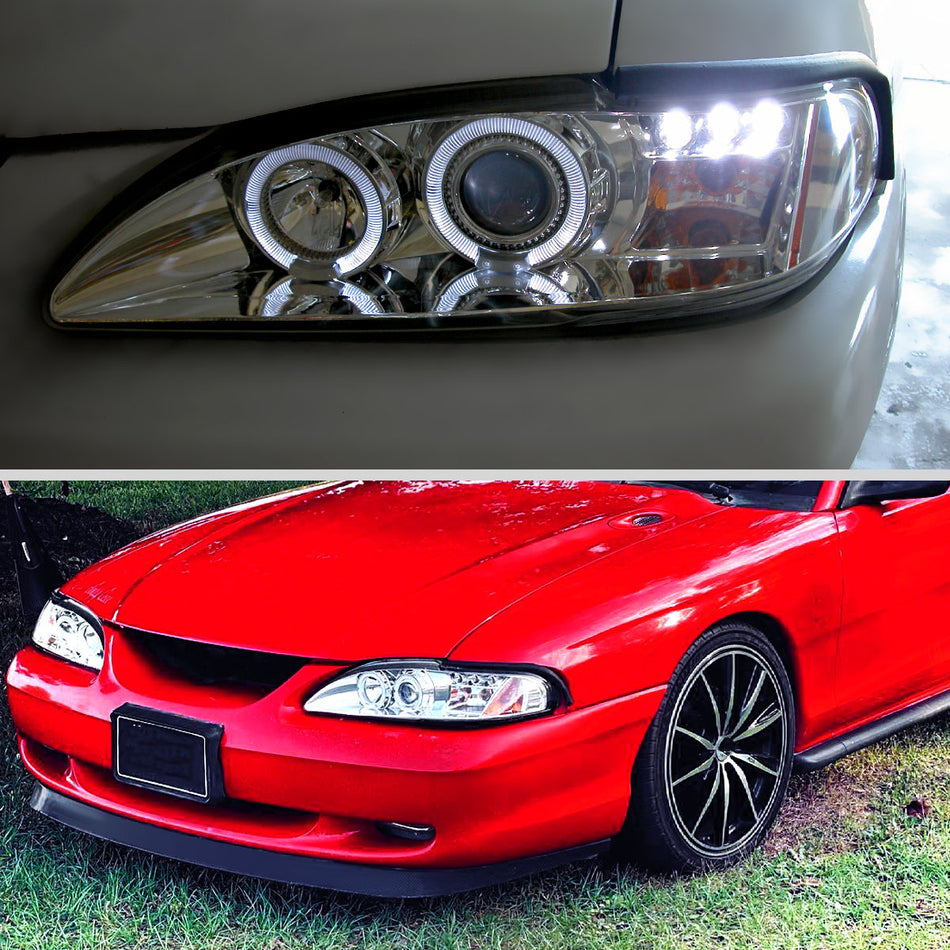 1994-1998 Ford Mustang Dual Halo Projector Headlights (Chrome Housing/Clear Lens)