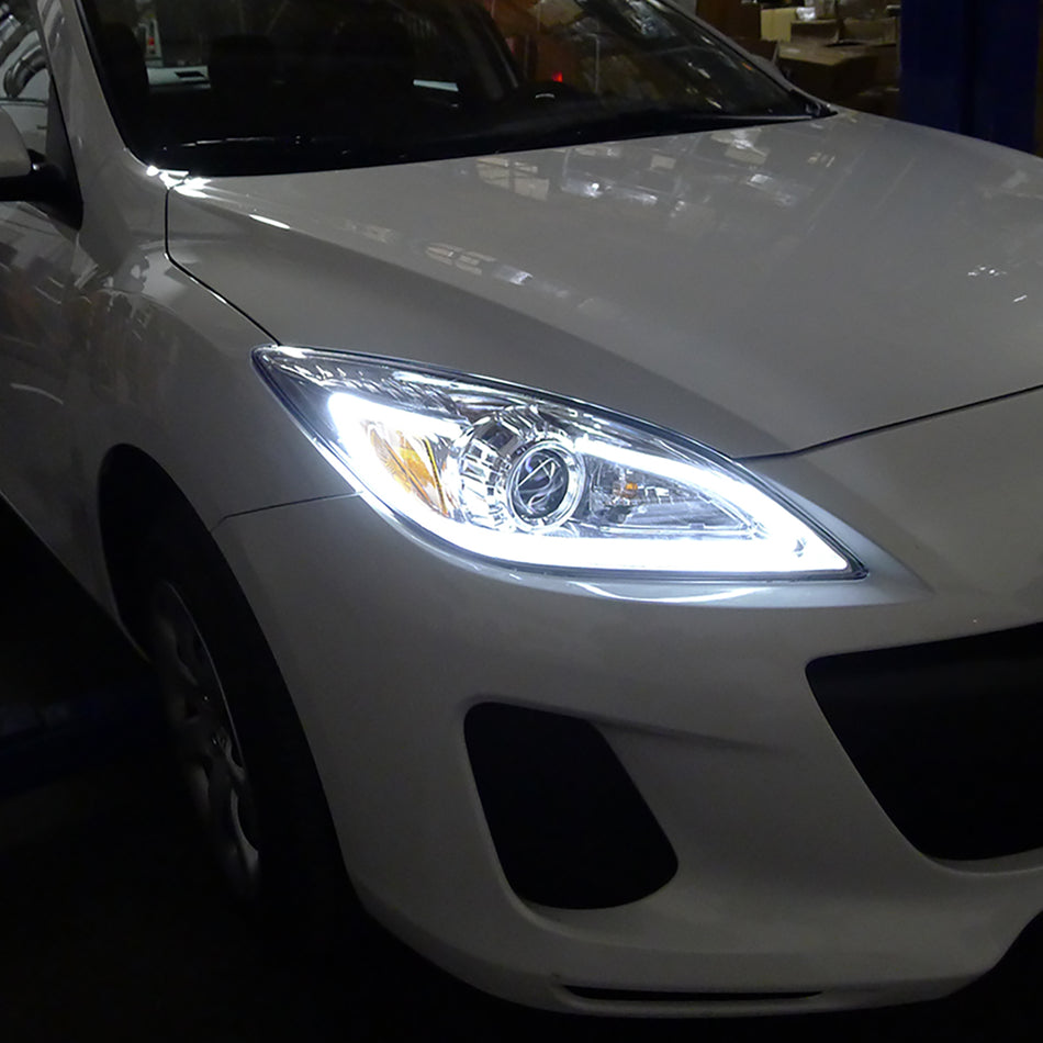 2010-2013 Mazda 3 Projector Headlights w/ LED Light Strip (Chrome Housing/Clear Lens)