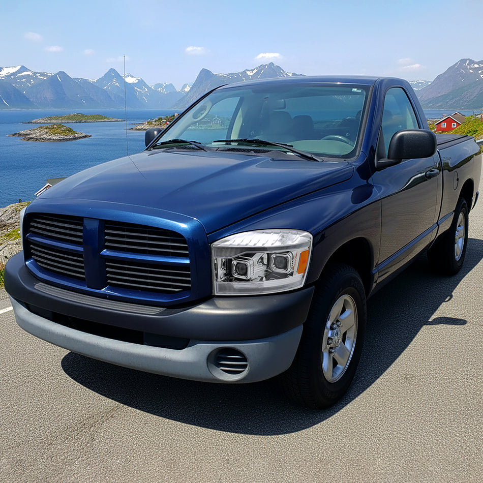 2006–2008 Dodge RAM 1500 / 2006–2009 RAM 2500 3500 Projector Headlights with Switchback LED Strips, Sequential Turn Signals, DRL & Startup Animations (Chrome Housing / Clear Lens)