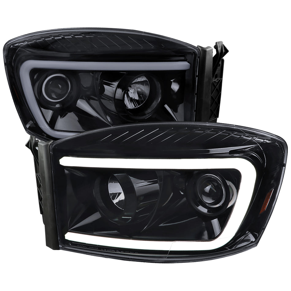 2006-2008 Dodge RAM 1500/ 2006-2009 2500 3500 Switchback LED C-Bar Projector Headlights (Glossy Black Housing/Smoked Lens)