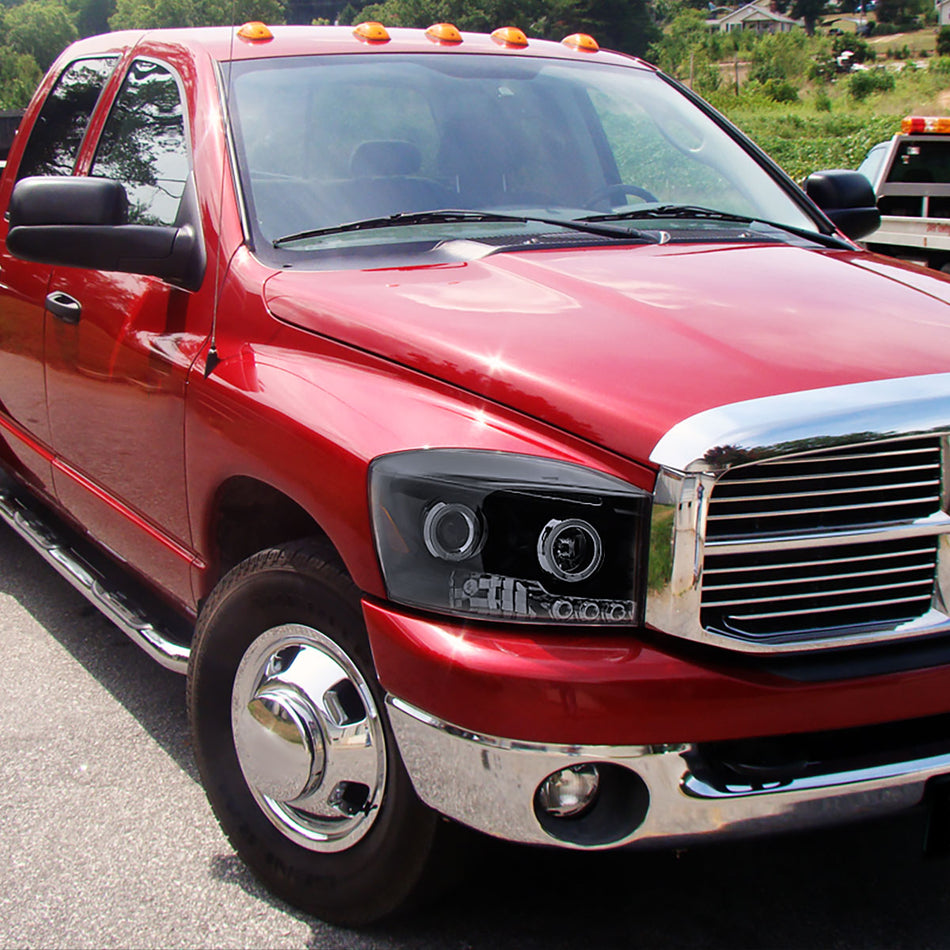 2006-2008 Dodge RAM 1500/ 2006-2009 RAM 2500 3500 Dual Halo Projector Headlights (Glossy Black Housing/Smoked Lens)