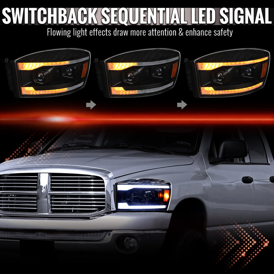 2006–2008 Dodge RAM 1500 / 2006–2009 RAM 2500 3500 Projector Headlights with Switchback LED Strips, Sequential Turn Signals, DRL & Startup Animation (Black Housing / Clear Lens)