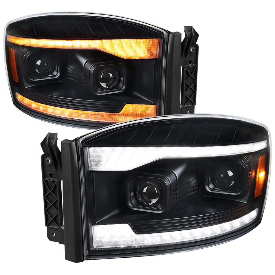 2006–2008 Dodge RAM 1500 / 2006–2009 RAM 2500 3500 Projector Headlights with Switchback LED Strips, Sequential Turn Signals, DRL & Startup Animation (Black Housing / Clear Lens)