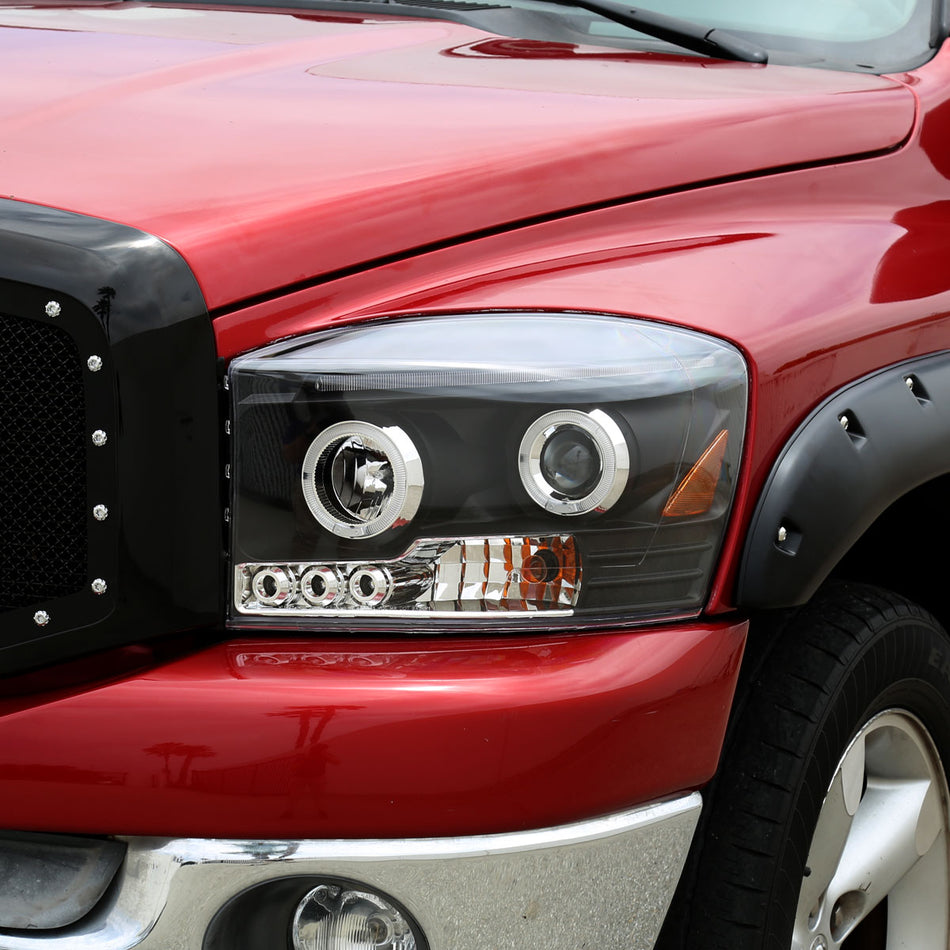 2006-2008 Dodge RAM 1500/ 2006-2009 RAM 2500 3500 Dual Halo Projector Headlights (Matte Black Housing/Clear Lens)