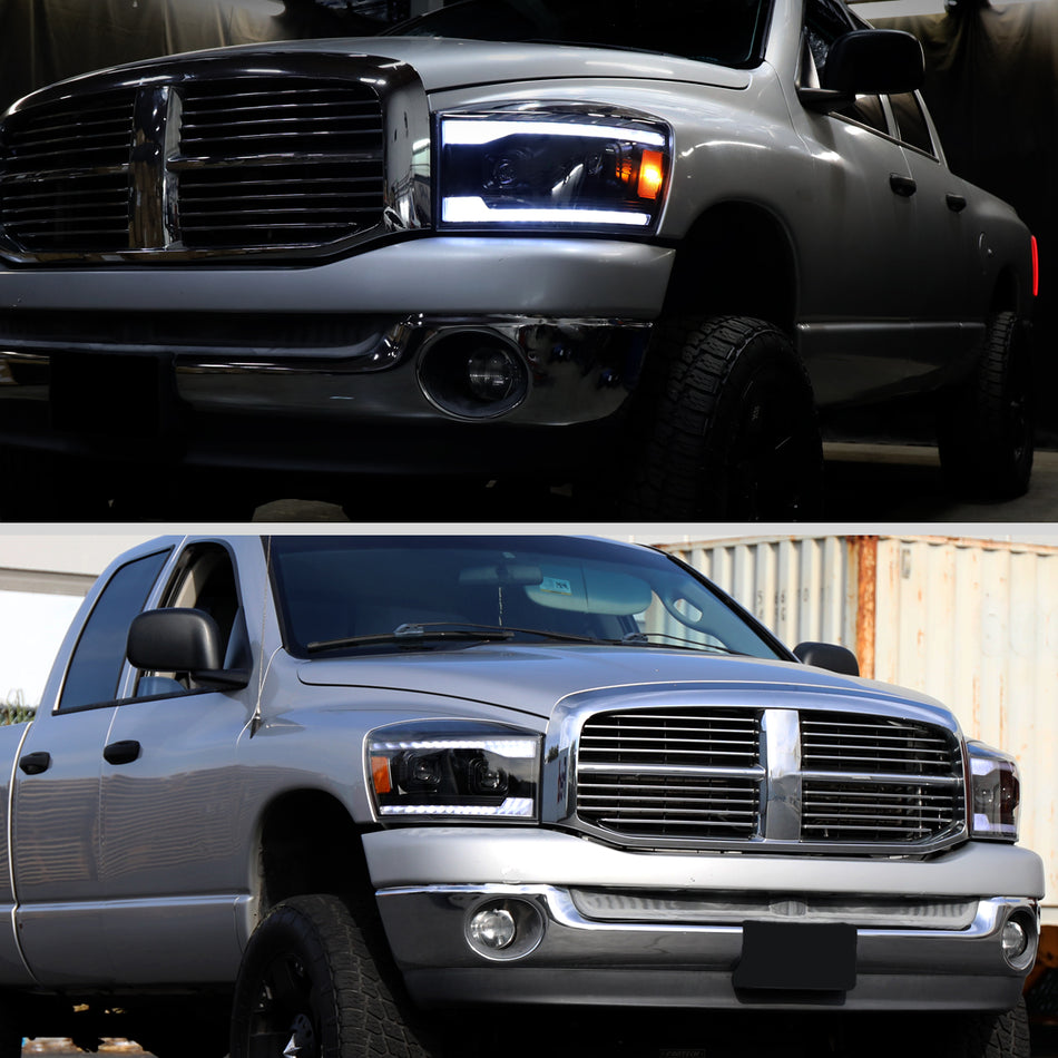 2006–2008 Dodge RAM 1500 / 2006–2009 RAM 2500 3500 Projector Headlights with Switchback LED Strips, Sequential Turn Signals, DRL & Startup Animation (Black Housing / Smoked Lens)