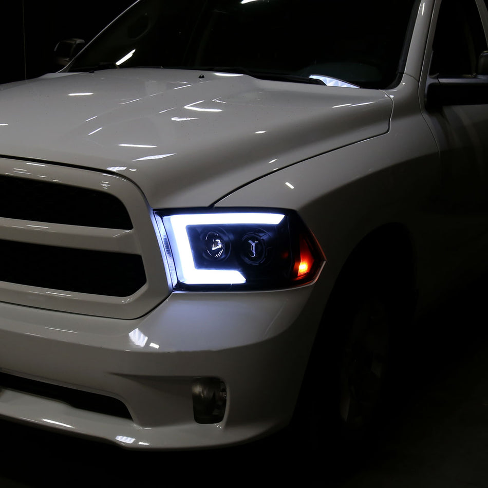 2009-2018 Dodge RAM 1500 / 2019-2021 RAM Classic/ 2010-2018 RAM 2500 3500 Switchback Sequential LED C-Bar Projector Headlights (Matte Black Housing/Clear Lens)