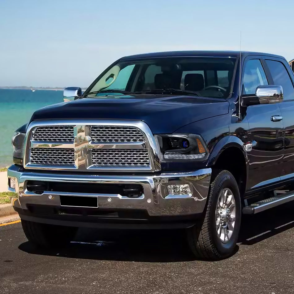 2013-2018 Ram 1500 2500 3500 Sequential LED Bar Signal Projector Headlights (Matte Black Housing/Clear Lens)